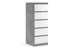 Naia Narrow Chest of 5 Drawers in Concrete and White High Gloss