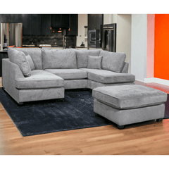 Carnaby Grey Fabric U Shape High Back Corner Sofa + Footstool