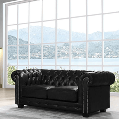 Chesterfield Black Leather Antique 2 Seater Sofa