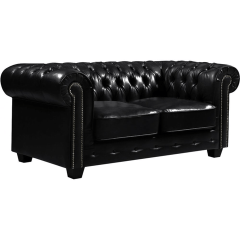 Chesterfield Black Leather Antique 2 Seater Sofa