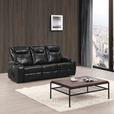 Cinema Black Electric Leather 3 Seater Recliner Sofa With Two Cup Holders