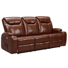 Cinema Tan Electric Leather 3 Seater Recliner Sofa With Two Cup Holders