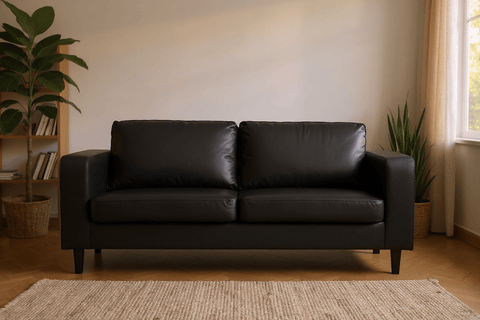 Box Black Leather 3 Seater Sofa