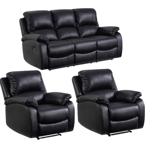 Roma Black Leather Manual Recliner 3+1+1  Seater Sofa Set