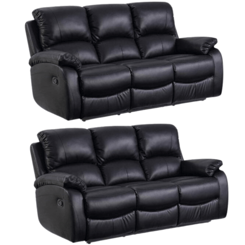 Roma Black Leather Manual Recliner 3+3 Seater  Sofa Set
